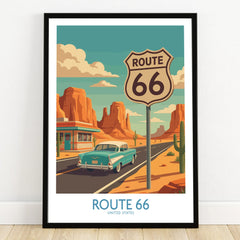 Route 66 art print with vintage car, desert landscape, and highway sign in black frame