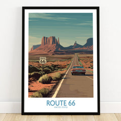 Route 66 travel poster art print in black frame, classic car on desert road with buttes