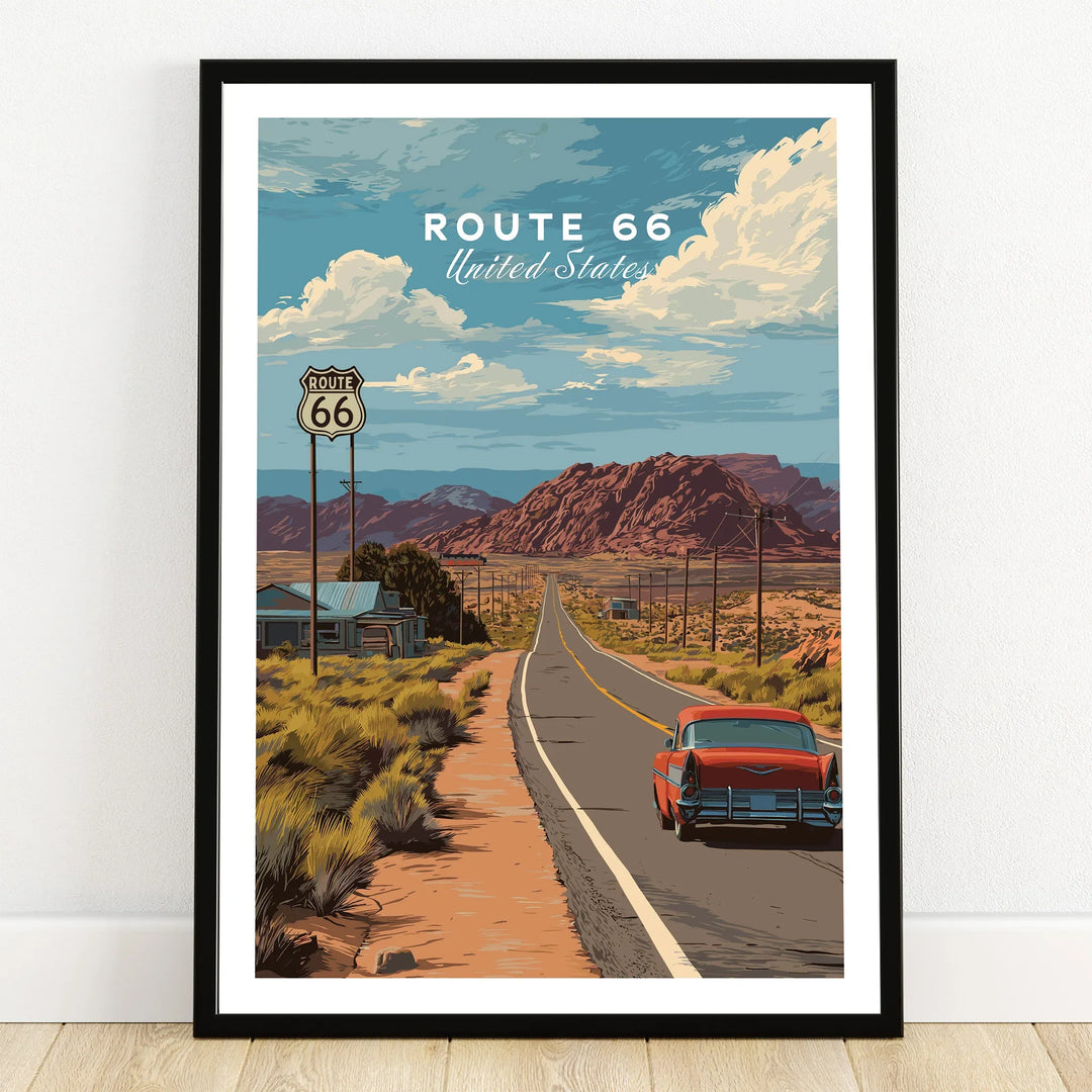 Route 66 travel poster print in black frame, vintage car on desert road with red mountains