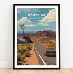 Route 66 travel poster print in black frame, vintage car on desert road with red mountains