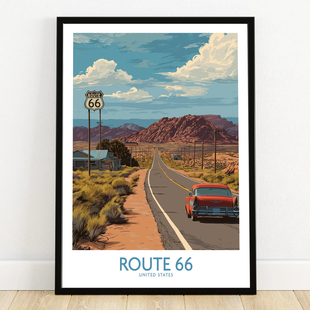 Route 66 art print in black frame, vintage car on desert highway with mountains