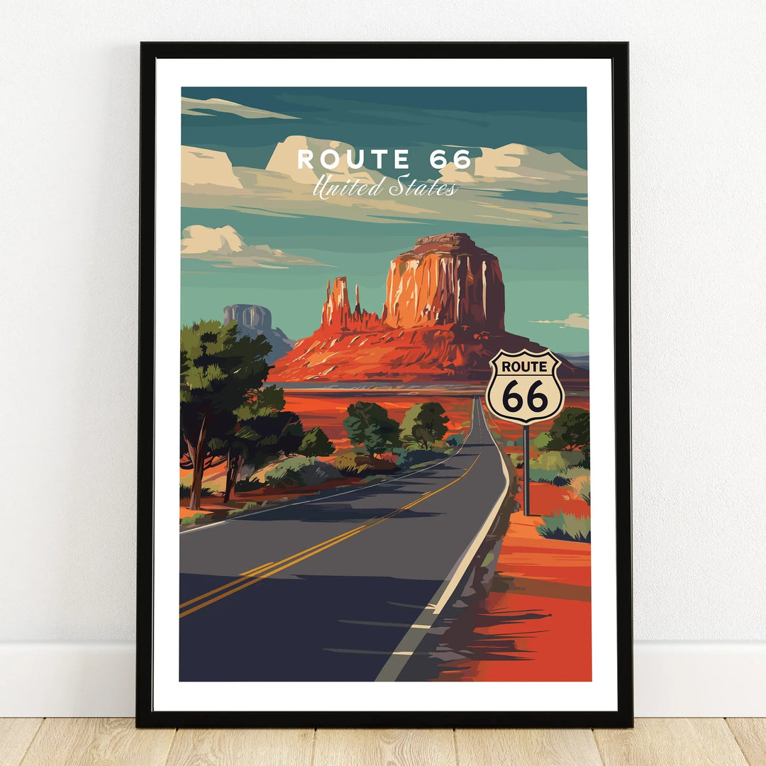 Route 66 art print in black frame, featuring desert landscape and iconic highway sign