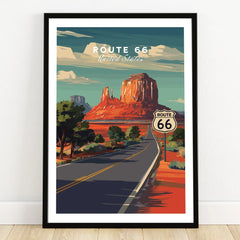 Route 66 art print in black frame, featuring desert landscape and iconic highway sign