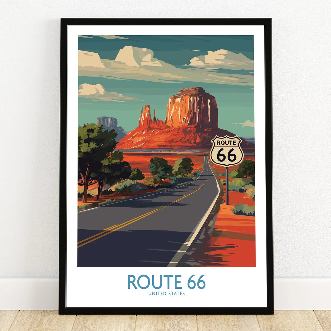 Route 66 art print in black frame, featuring desert landscape and scenic highway wall decor
