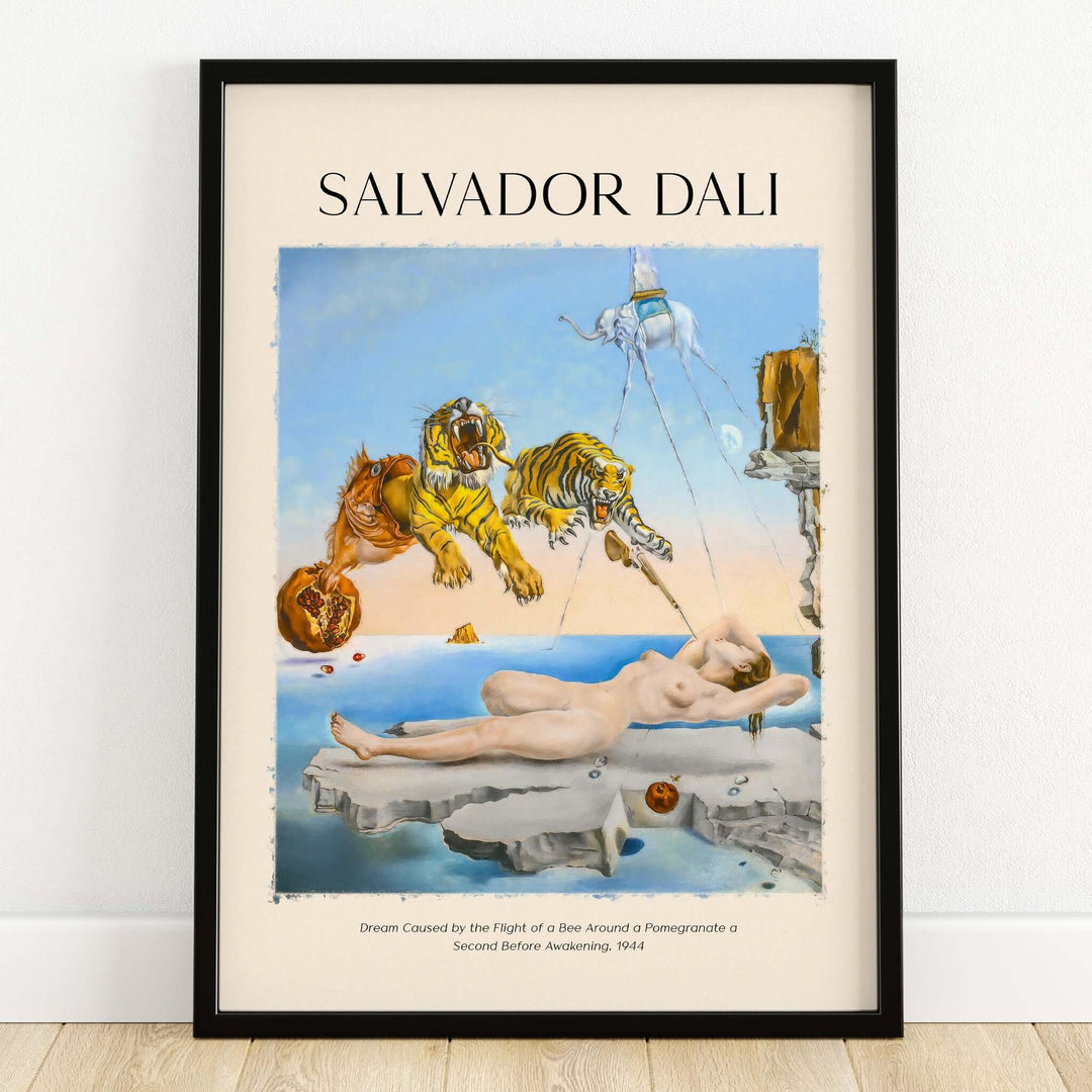 Salvador Dali Dream Caused by the Flight of a Bee Pomegranate Surrealism Art Print Poster Tigers featuring reclining figure and tigers.