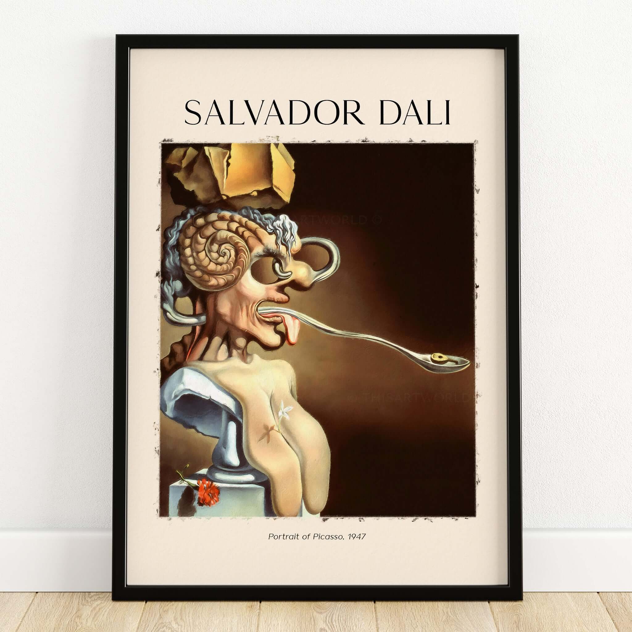 Salvador Dali Portrait of Picasso 1947 Surrealist Art Print Grotesque Poster framed wall art featuring a distorted depiction.