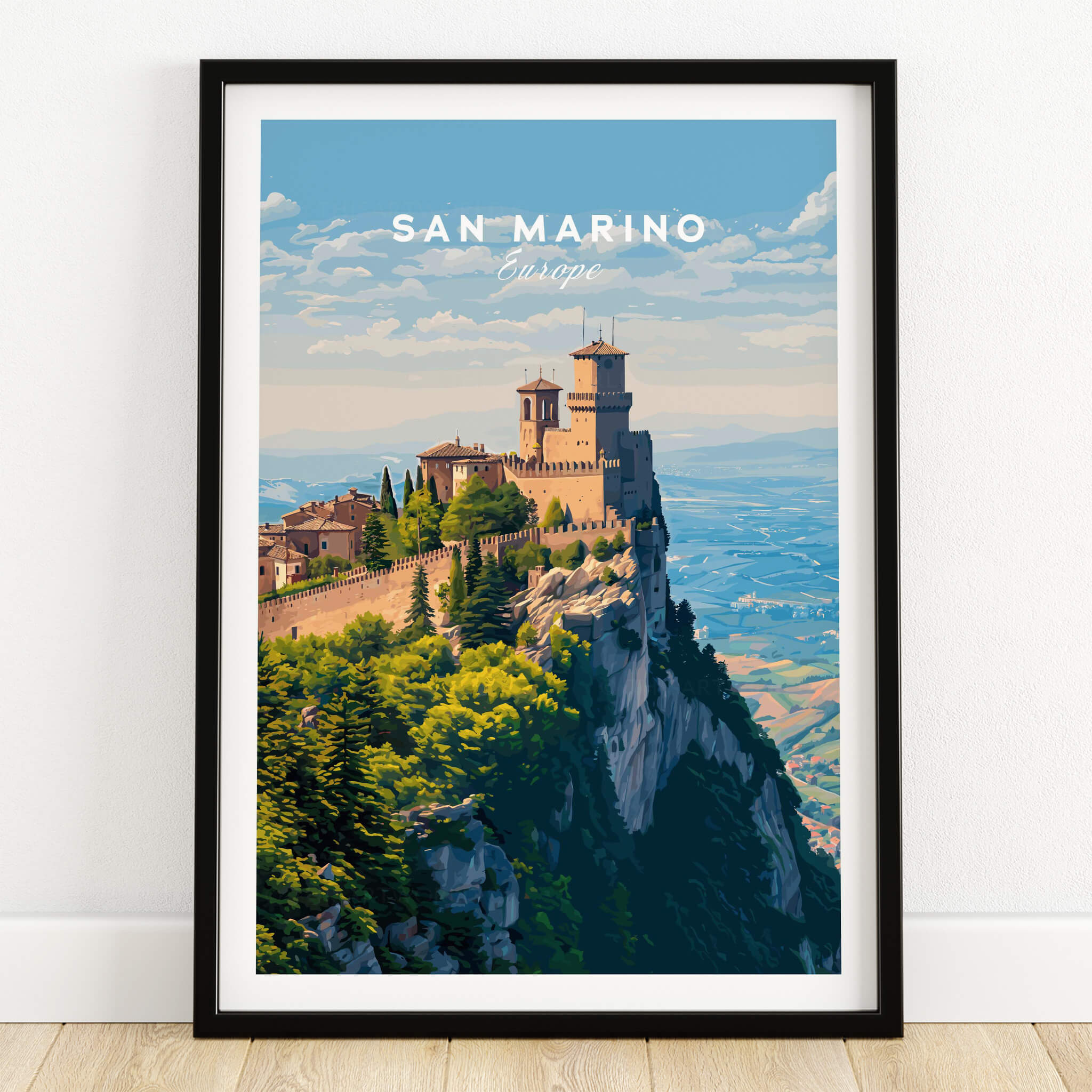 San Marino Wall Art Print | Mount Titano Citadel Travel Poster showcasing the fortress atop Mount Titano in a picturesque landscape.