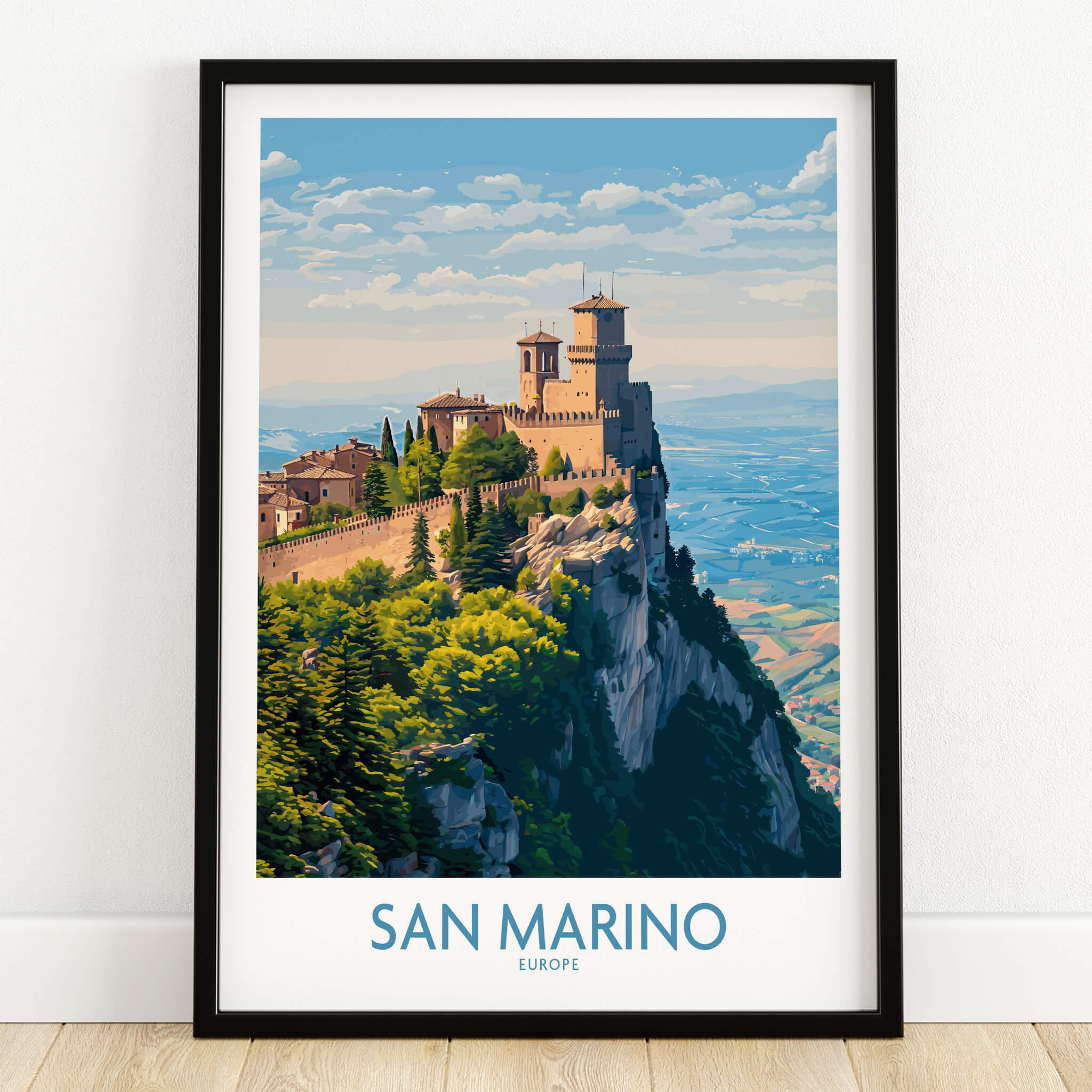 San Marino Poster | Canvas Print featuring a scenic view of a medieval fortress on a cliff in Europe.