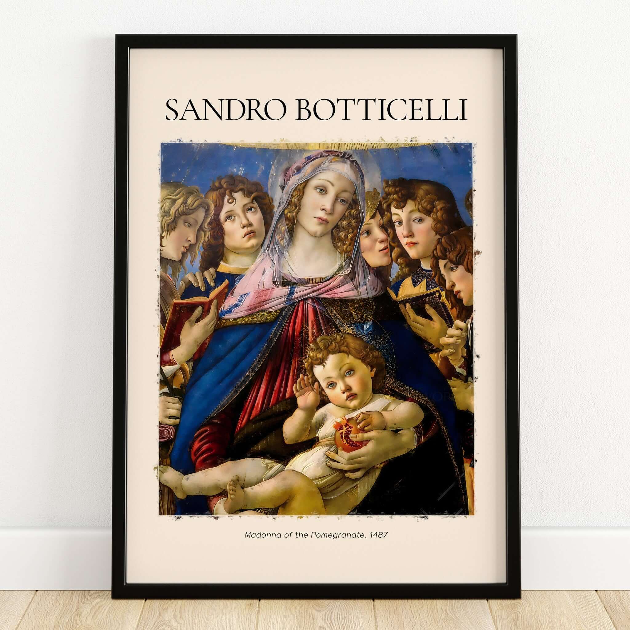 Botticelli Madonna of the Pomegranate Art Print Religious Virgin Mary Child Poster Angels with ornate framing