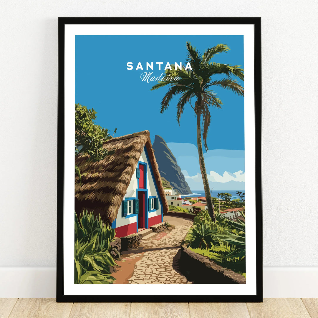 Santana Madeira travel poster with traditional house, palm tree, and coastal landscape in black frame