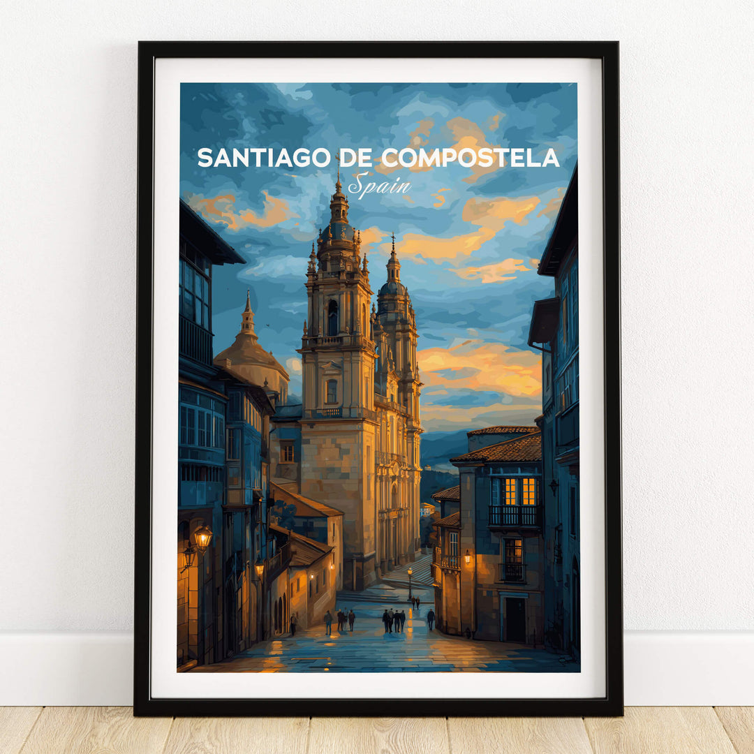Santiago de Compostela Print | Galician Home Decor featuring the majestic towers of Santiago de Compostela at sunset.