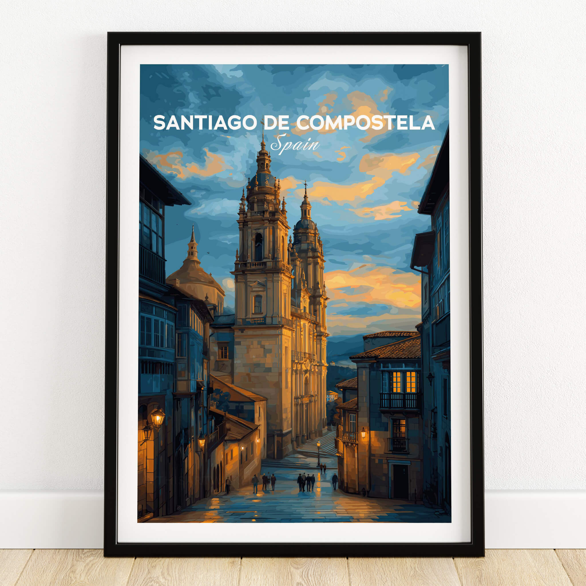 Santiago de Compostela Print | Galician Home Decor featuring the majestic towers of Santiago de Compostela at sunset.