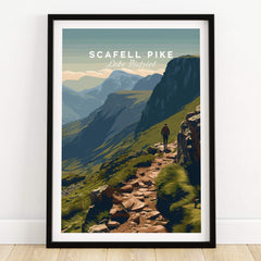 Scafell Pike Lake District Travel Poster | Mountain Valley View Wall Art Print featuring a hiker along a scenic mountain trail.