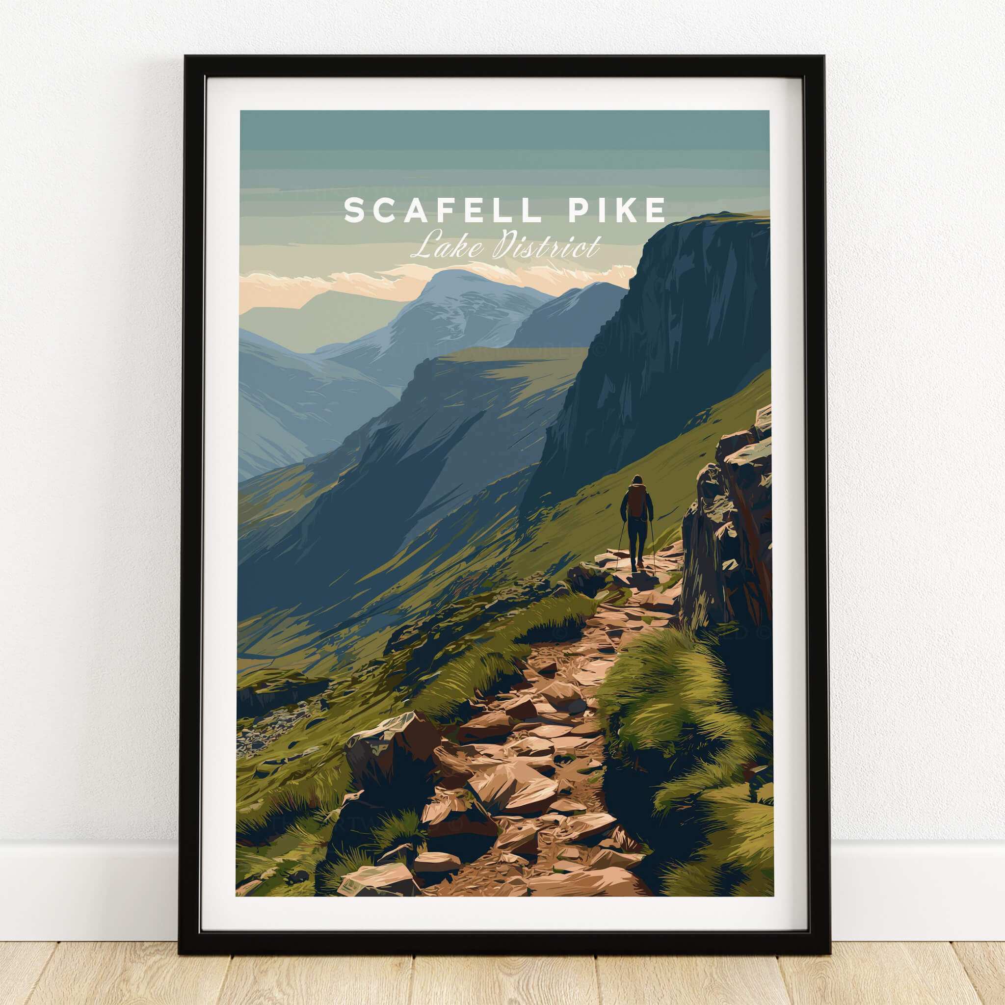 Scafell Pike Lake District Travel Poster | Mountain Valley View Wall Art Print featuring a hiker along a scenic mountain trail.
