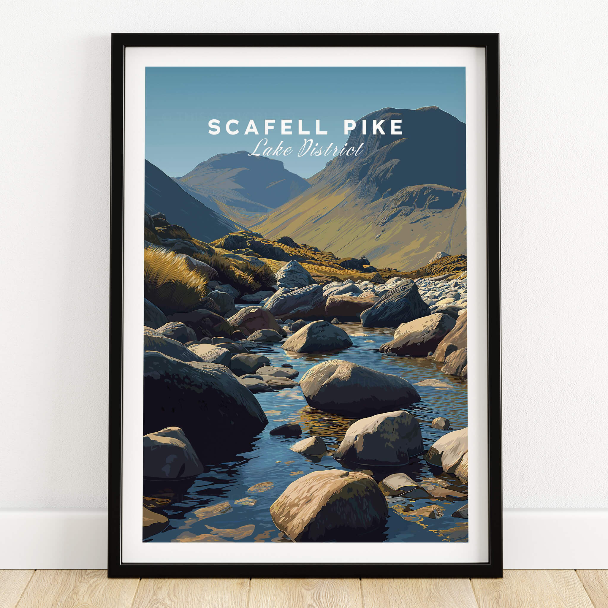 Scafell Pike Poster Lake District Wall Art Print showcasing a scenic view of mountains and streams.
