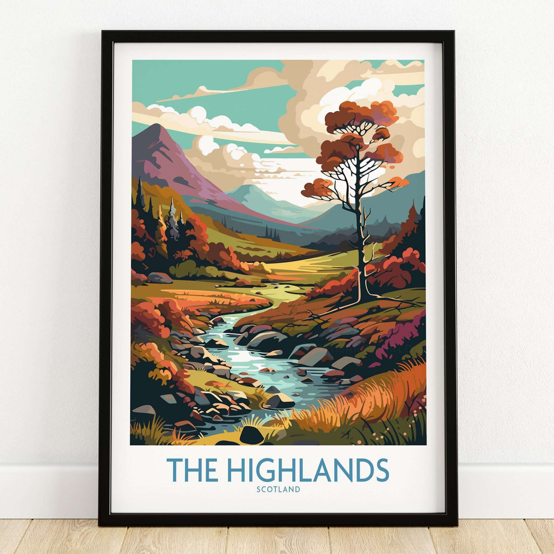 The Highlands Scotland Art Print showcasing a vibrant landscape with mountains, trees, and a flowing river.