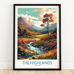 The Highlands Scotland Art Print showcasing a vibrant landscape with mountains, trees, and a flowing river.