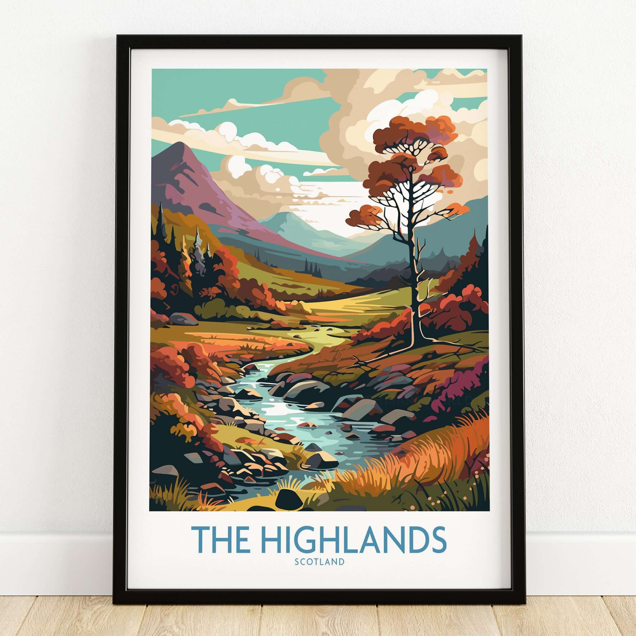 The Highlands Scotland Art Print showcasing a vibrant landscape with mountains, trees, and a flowing river.