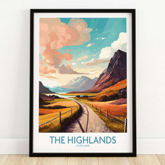 The Highlands Scotland Wall Art featuring a colorful landscape and mountains, perfect for home decor.