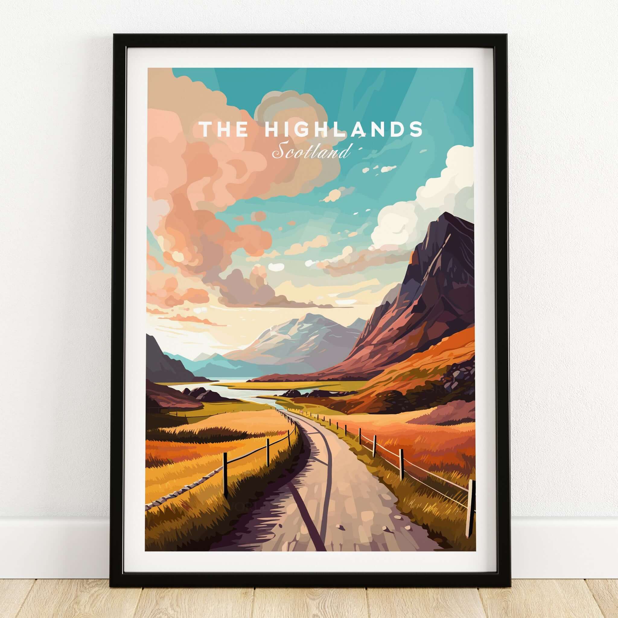 Scottish Highlands Art Print showcasing vibrant landscapes and warm tones of the Scottish countryside.