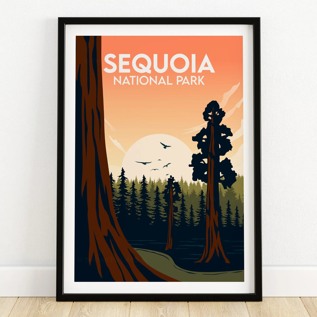 Sequoia National Park art print in black frame, showing tall trees and sunset landscape.