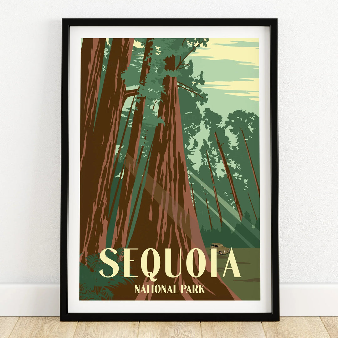 Sequoia National Park art print in black frame, featuring vintage travel poster style with tall redwood trees.