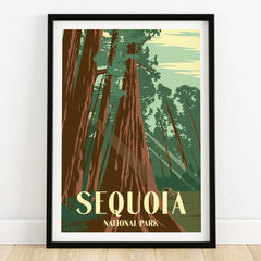 Sequoia National Park art print in black frame, featuring vintage travel poster style with tall redwood trees.