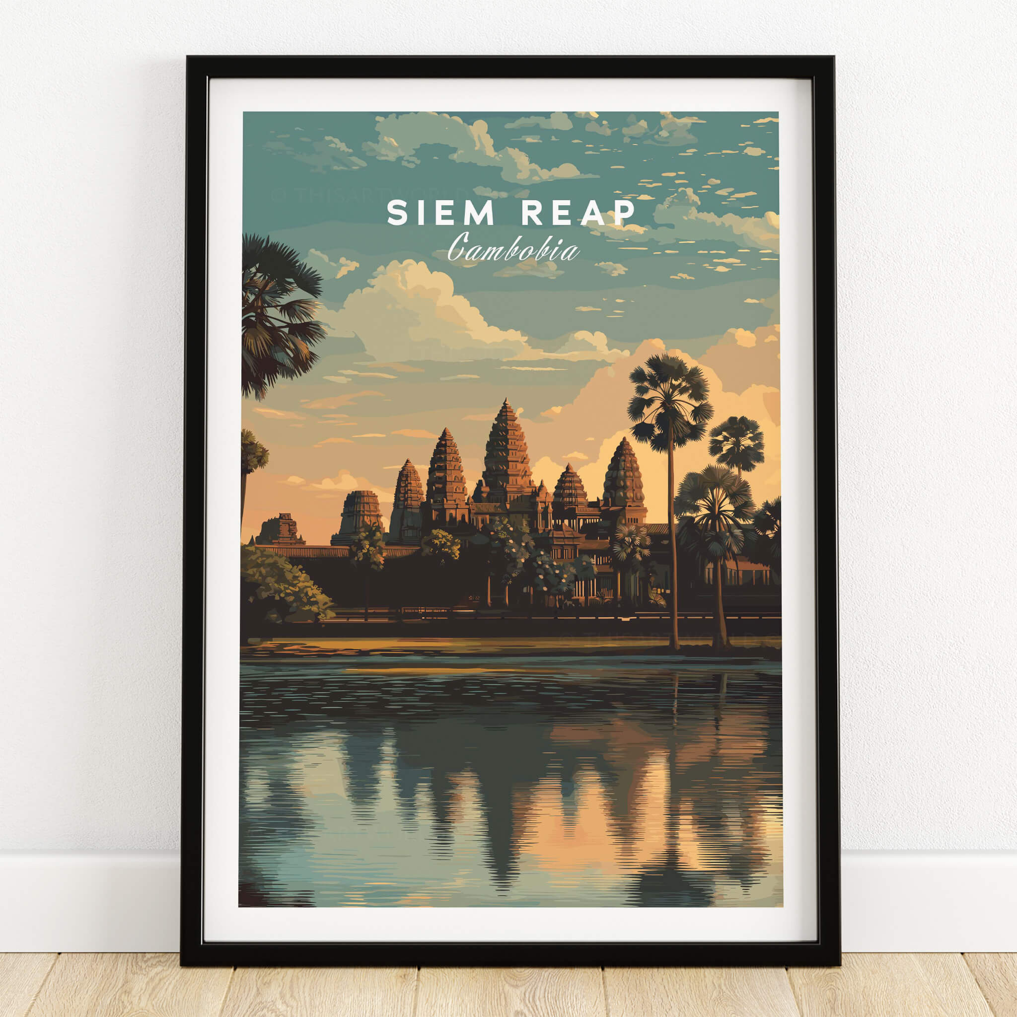 Siem Reap Poster Cambodia | Angkor Wat Temple Wall Art Print showcasing the intricate details of the temple at sunset.