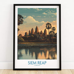 Siem Reap Canvas Print | Cambodia Khmer Poster featuring ancient temples and lush scenery in a framed artwork.