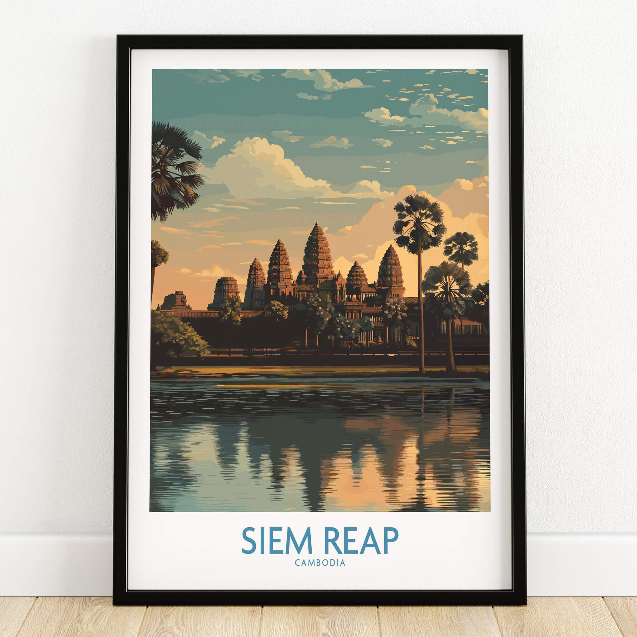 Siem Reap Canvas Print | Cambodia Khmer Poster featuring ancient temples and lush scenery in a framed artwork.