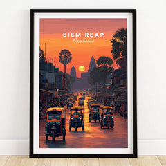 Siem Reap Wall Art Print | Cambodia Sunset Street Scene Travel Poster showcasing a vibrant street at sunset.