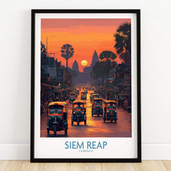 Siem Reap Poster | Bustling Tuk Tuk Cambodia Cityscape Canvas Print, featuring vibrant tuk tuks at sunset.