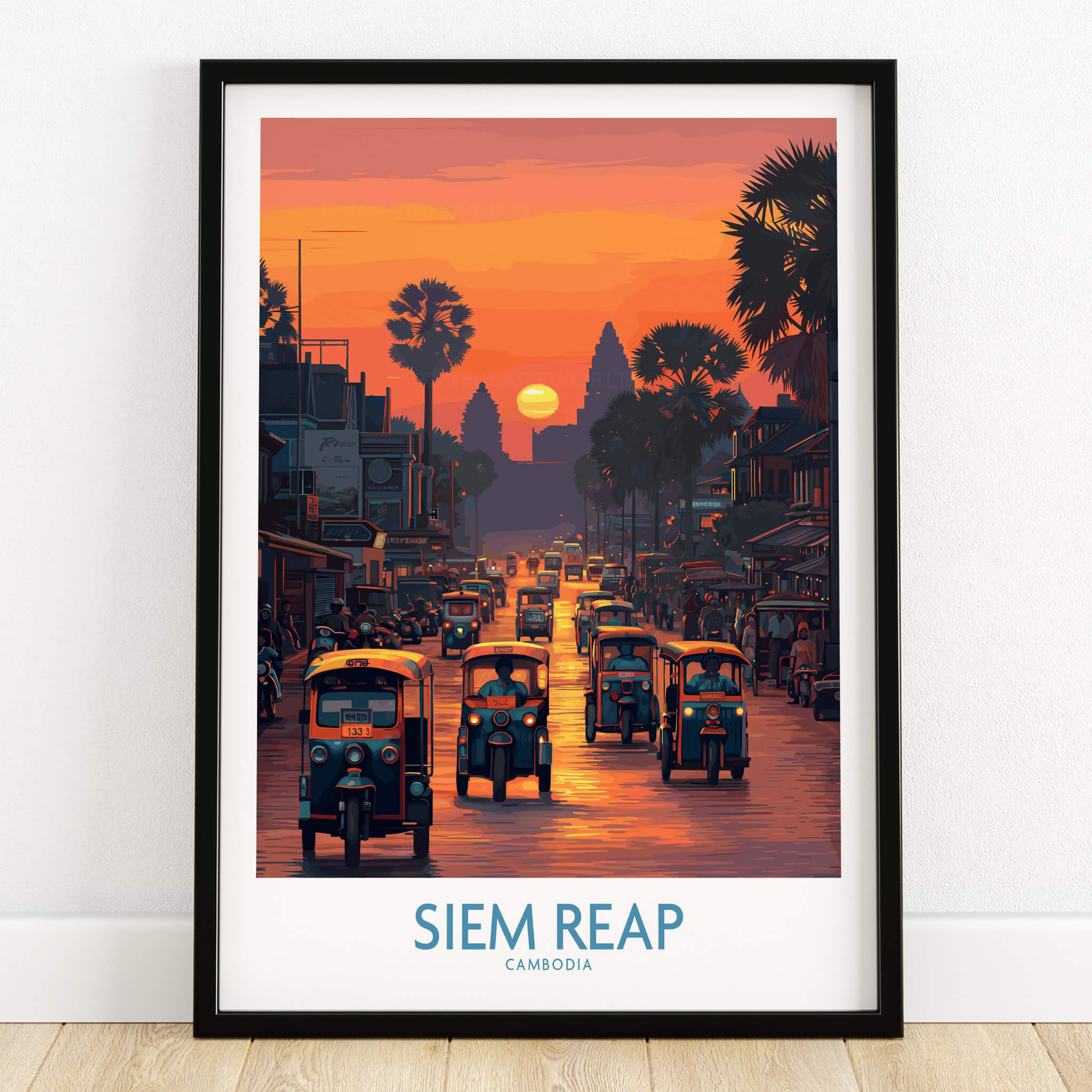 Siem Reap Poster | Bustling Tuk Tuk Cambodia Cityscape Canvas Print, featuring vibrant tuk tuks at sunset.