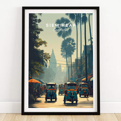 Siem Reap Cambodia Travel Poster | Tropical Town Street Wall Art Print featuring a vibrant street scene with tuk-tuks.
