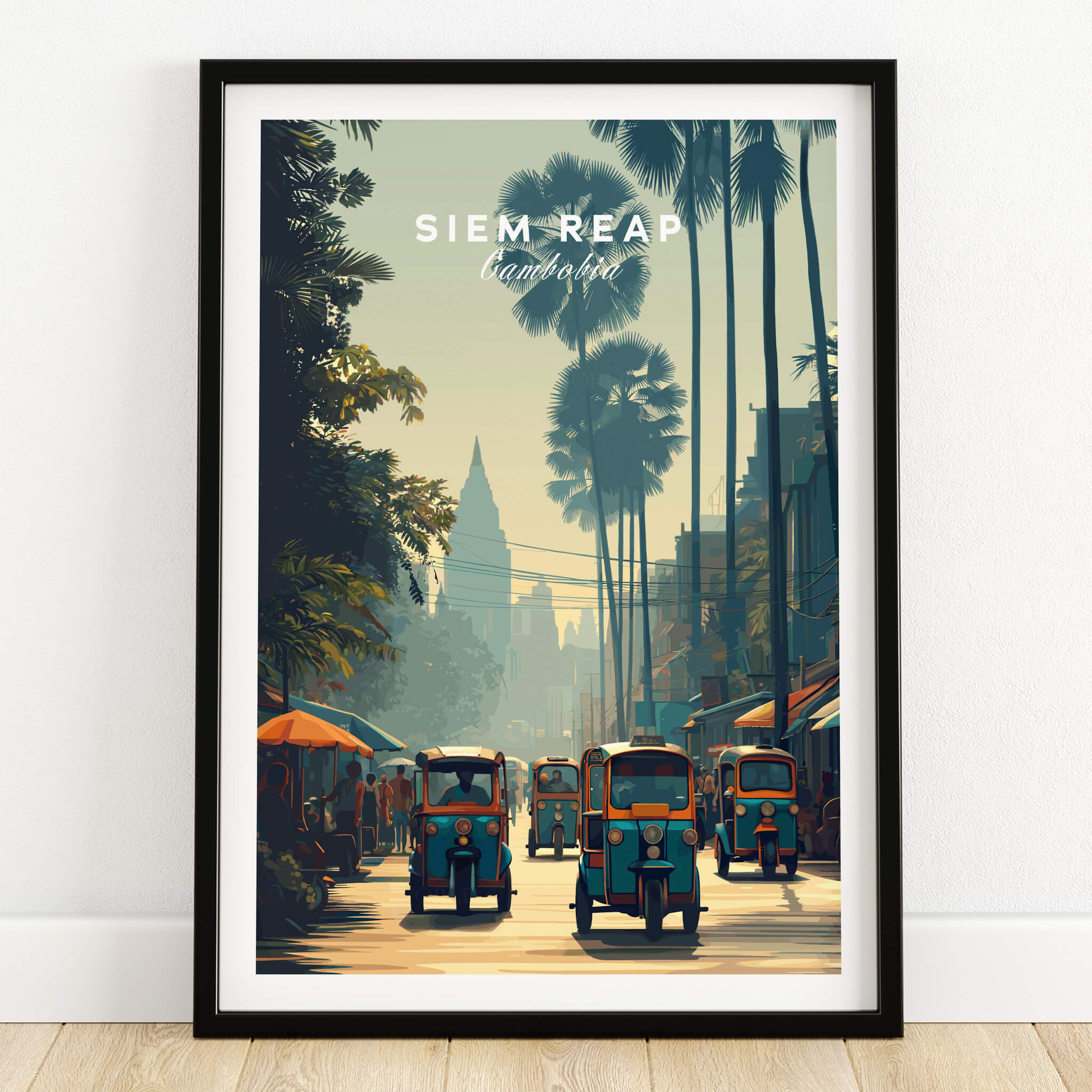 Siem Reap Cambodia Travel Poster | Tropical Town Street Wall Art Print featuring a vibrant street scene with tuk-tuks.