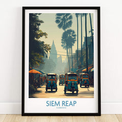 Siem Reap Cambodia Print | Canvas Poster featuring vibrant street scenes and tuk tuks in Siem Reap.