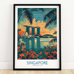 Singapore Travel Poster - Southeast Asia featuring Marina Bay Sands and lush tropical foliage.