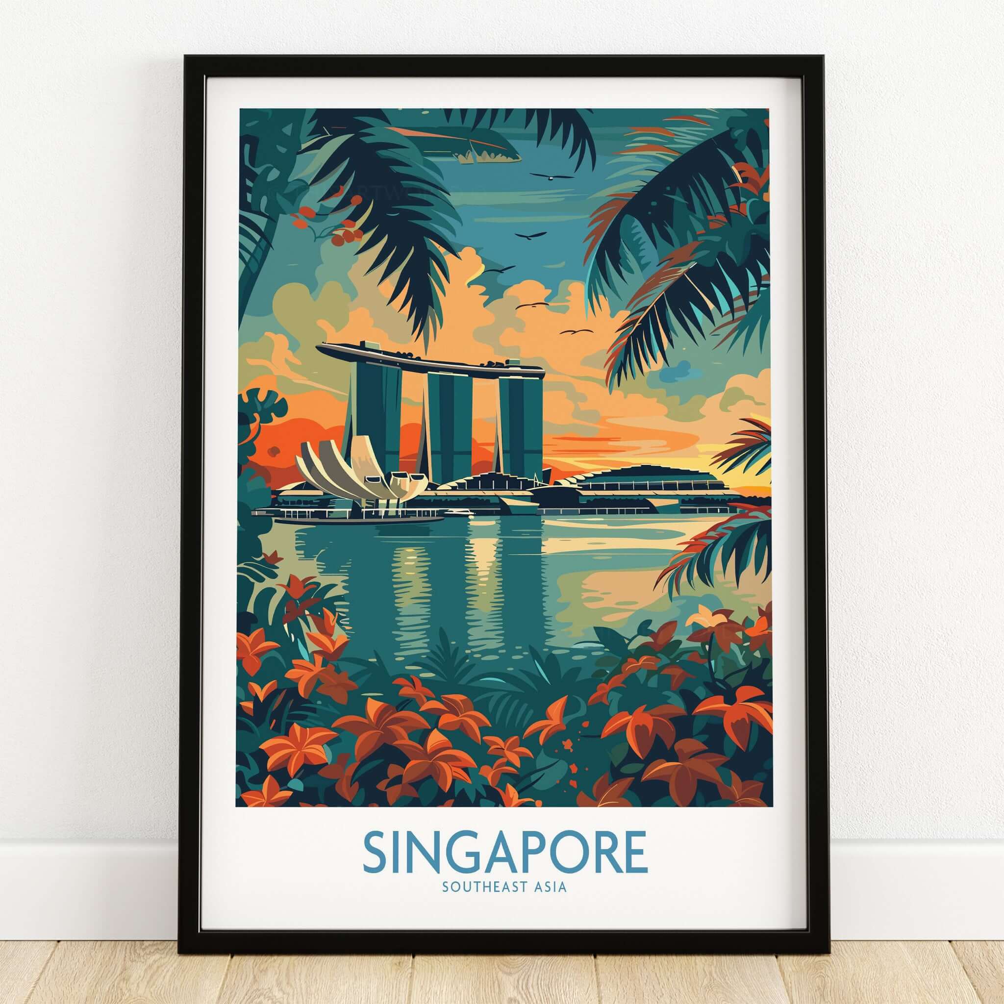 Singapore Travel Poster - Southeast Asia featuring Marina Bay Sands and lush tropical foliage.