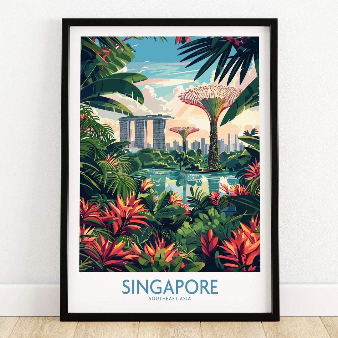 Singapore Gardens by the Bay Poster featuring vibrant plants and iconic skyline of Singapore.