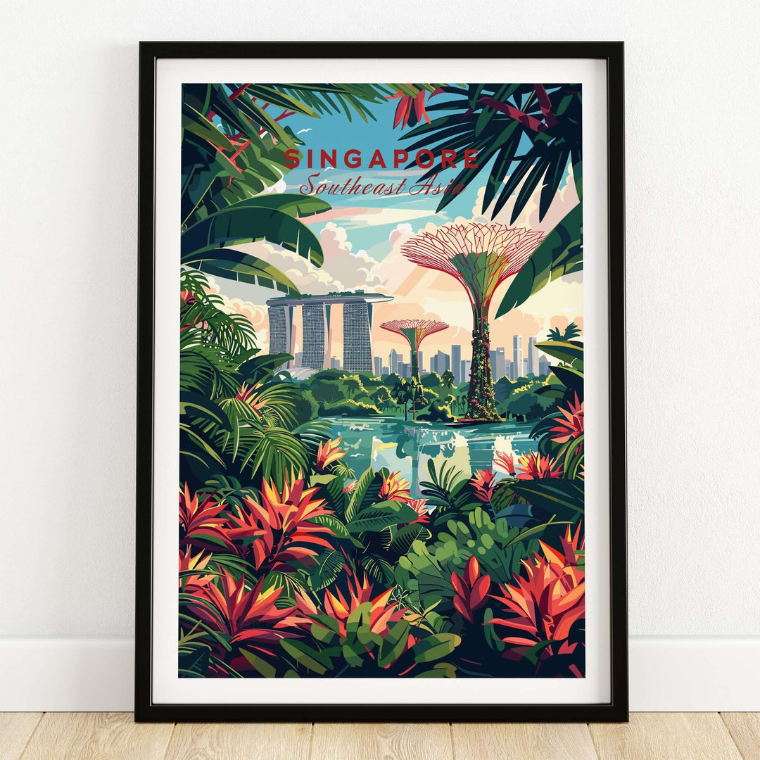 Singapore Marina Bay Poster showcasing vibrant tropical plants and iconic buildings, perfect for urban décor.
