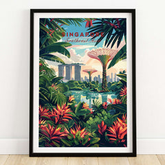 Singapore Marina Bay Poster showcasing vibrant tropical plants and iconic buildings, perfect for urban décor.