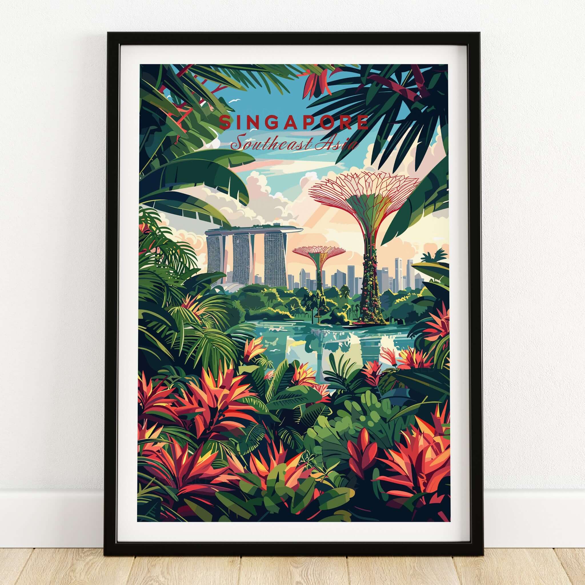 Singapore Marina Bay Poster showcasing vibrant tropical plants and iconic buildings, perfect for urban décor.