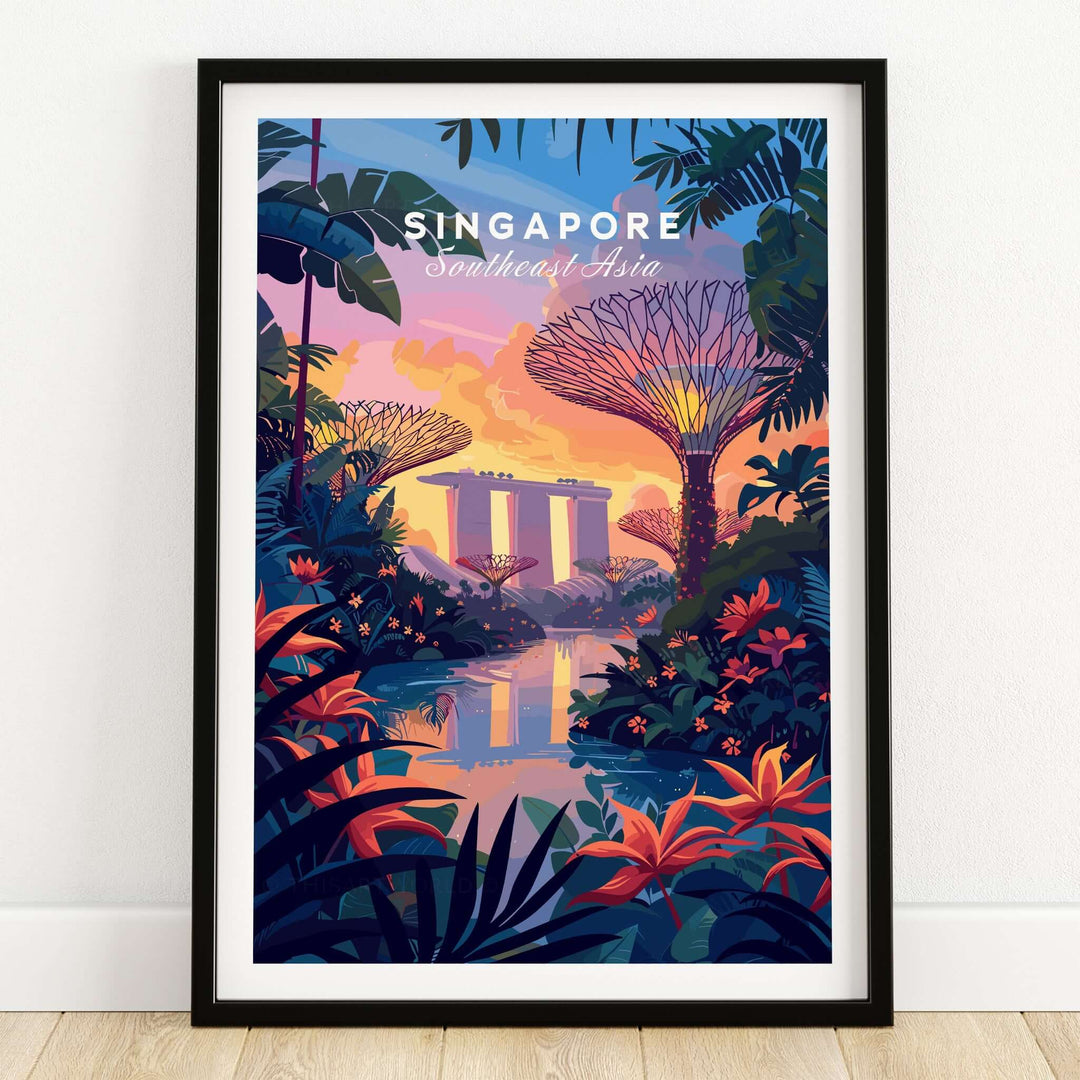 Singapore Poster featuring the iconic Gardens on the Bay surrounded by tropical flora and vibrant colors.