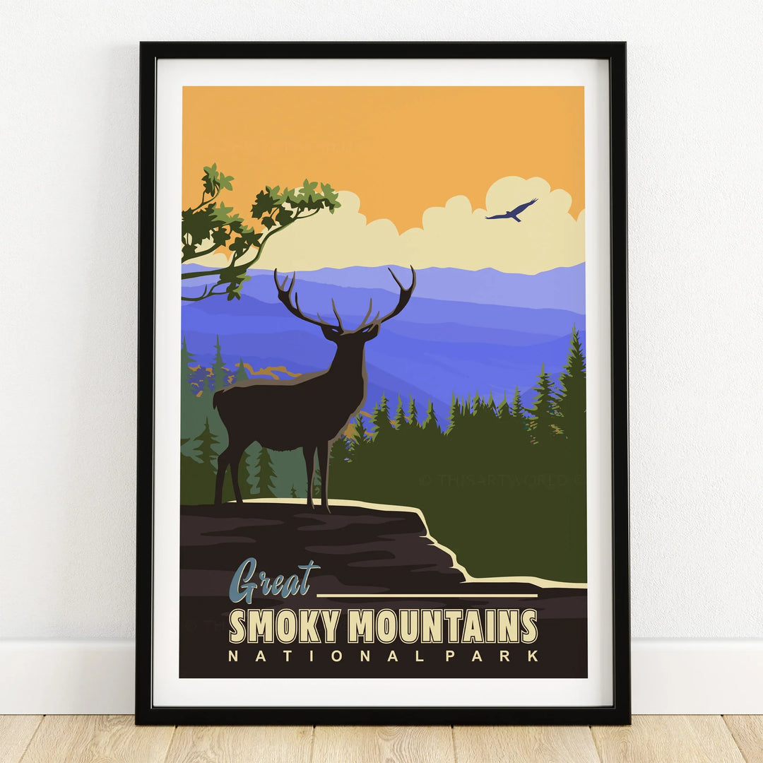 Great Smoky Mountains National Park art print with elk silhouette, sunset and pine trees in black frame