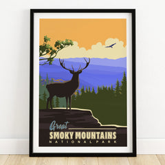 Great Smoky Mountains National Park art print with elk silhouette, sunset and pine trees in black frame