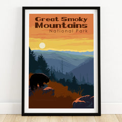 Great Smoky Mountains National Park art print with bear, sunrise, and forest in black frame