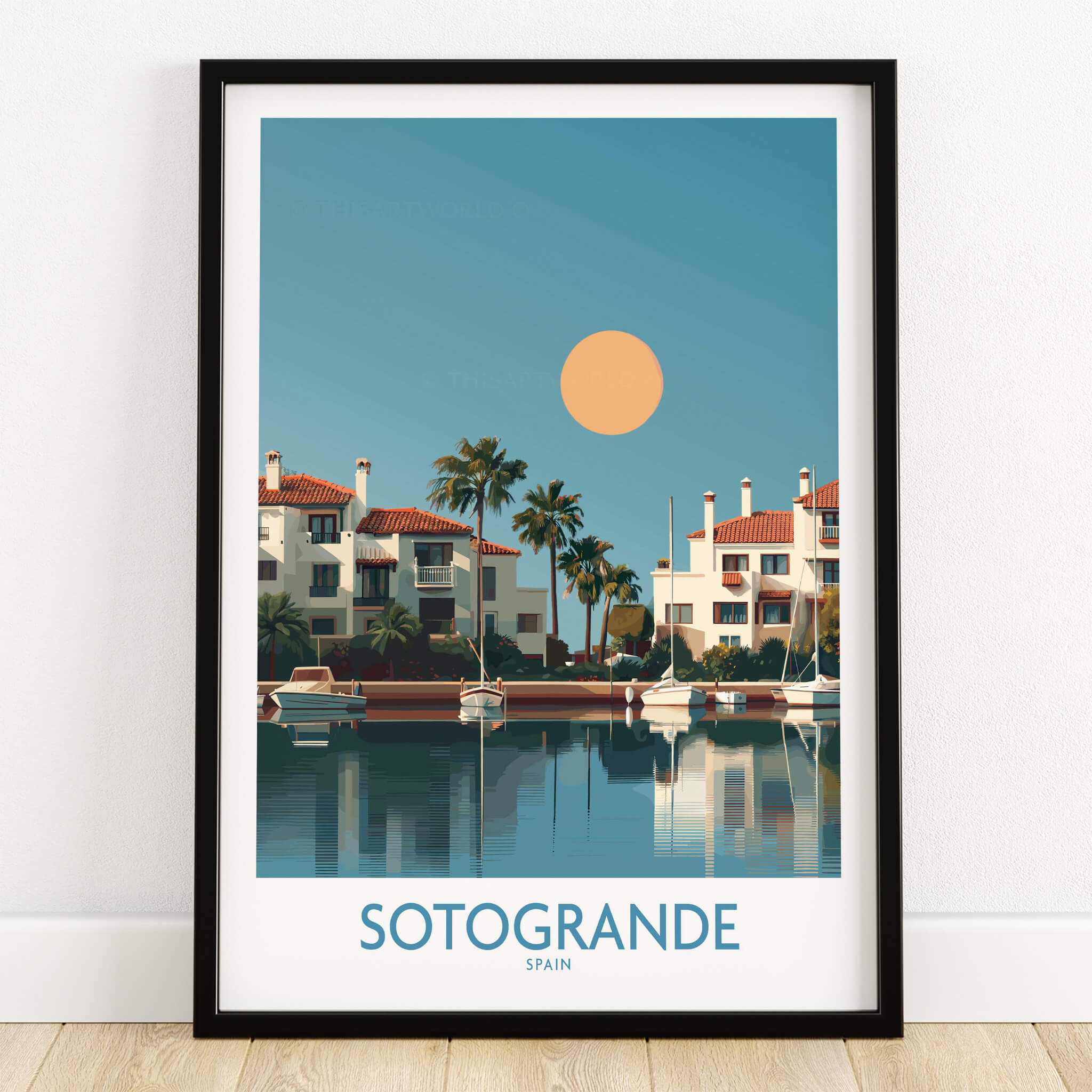 Sotogrande Spain Canvas Print | Mediterranean Waterfront Scenery Poster featuring a vibrant coastal scene.