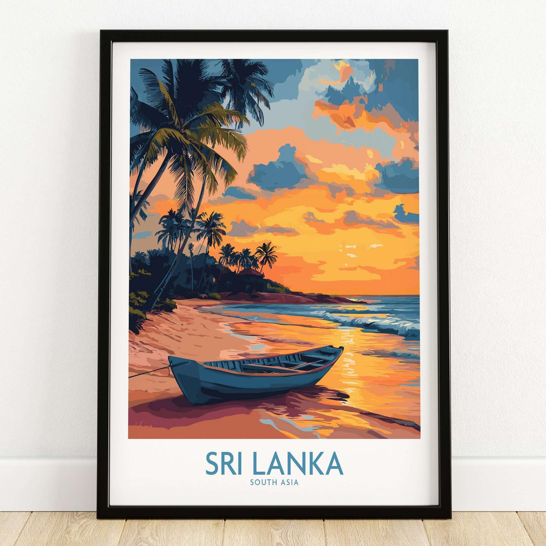 Sri Lanka Boat Print - Island Getaway Wall Art, Tropical Beach Decor featuring a serene sunset and palm trees.