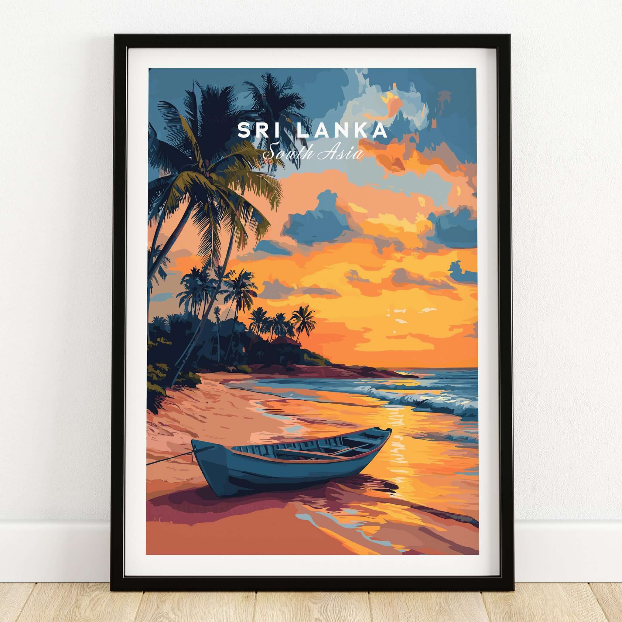 Sri Lanka Sunset Art - Tropical Beach Poster, South Asia Travel Print featuring a vibrant sunset over a tropical beach.