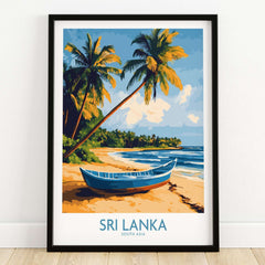 South Asia Travel Poster - Sri Lanka Coastal Print, Island Life Wall Art featuring a vibrant beach scene.